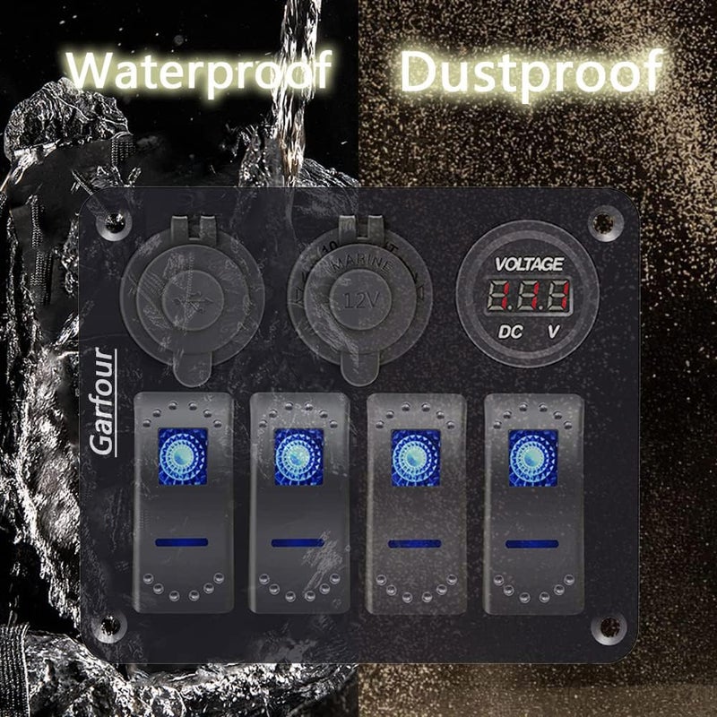 Garfour 4 Gang Boat Switch Panel, Marine-Grade Waterproof Aluminum Switch Panel with 12V Voltmeter, 3.1A Dual USB Charger &Lighter Socket - Universal for Marine, RV, Truck Control Dashboards - Image 2