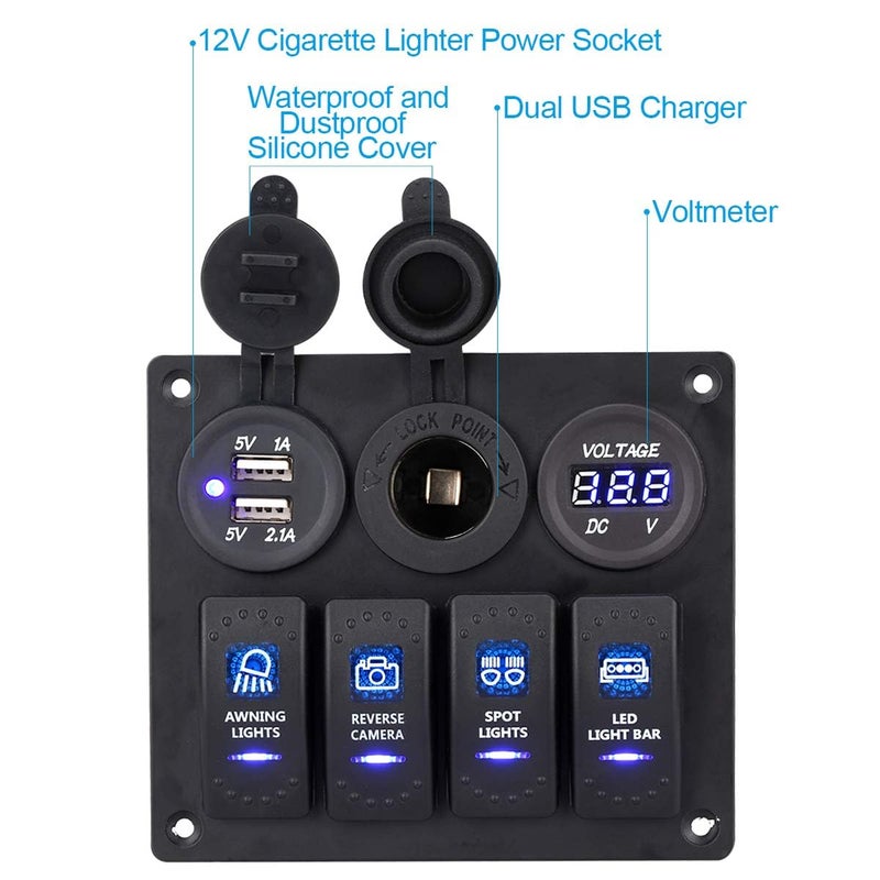Garfour 4 Gang Boat Switch Panel, Marine-Grade Waterproof Aluminum Switch Panel with 12V Voltmeter, 3.1A Dual USB Charger &Lighter Socket - Universal for Marine, RV, Truck Control Dashboards - Image 4