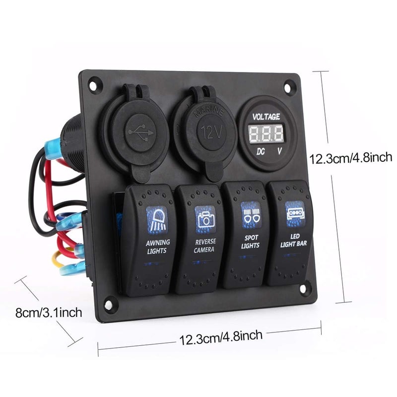 Garfour 4 Gang Boat Switch Panel, Marine-Grade Waterproof Aluminum Switch Panel with 12V Voltmeter, 3.1A Dual USB Charger &Lighter Socket - Universal for Marine, RV, Truck Control Dashboards - Image 5