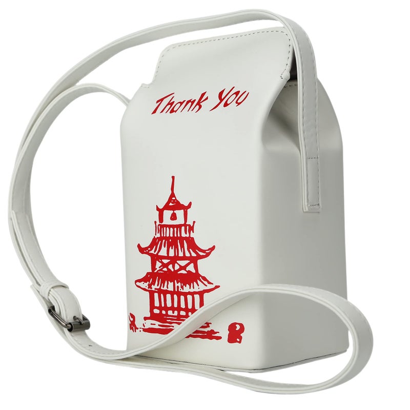 Ondeam Tower Print Crossbody Shoulder Bag,Pu Chinese Takeout Box Totes Purse for Women(White) - Image 2