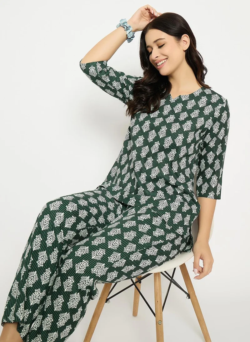 Clovia Clovia Printed Top & Pyjama Set in Dark Green - Rayon