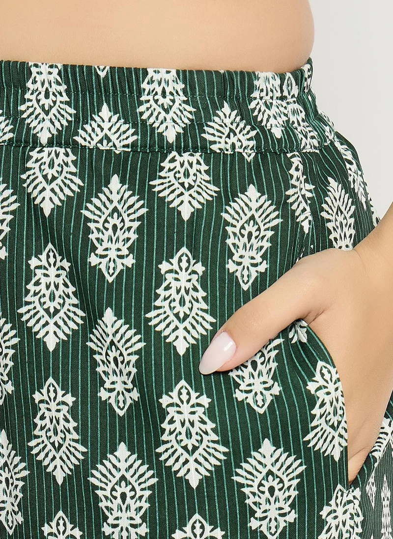 Clovia Clovia Printed Top & Pyjama Set in Dark Green - Rayon