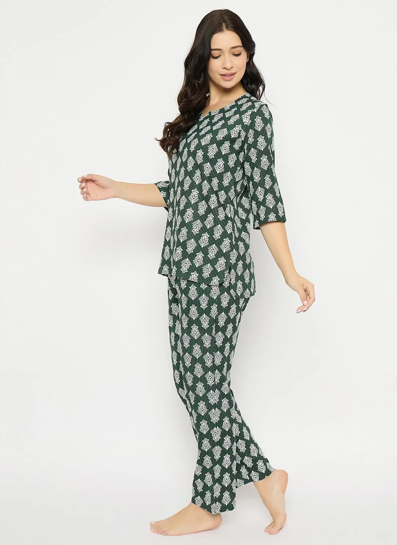 كلوفيا Clovia Printed Top & Pyjama Set in Dark Green - Rayon