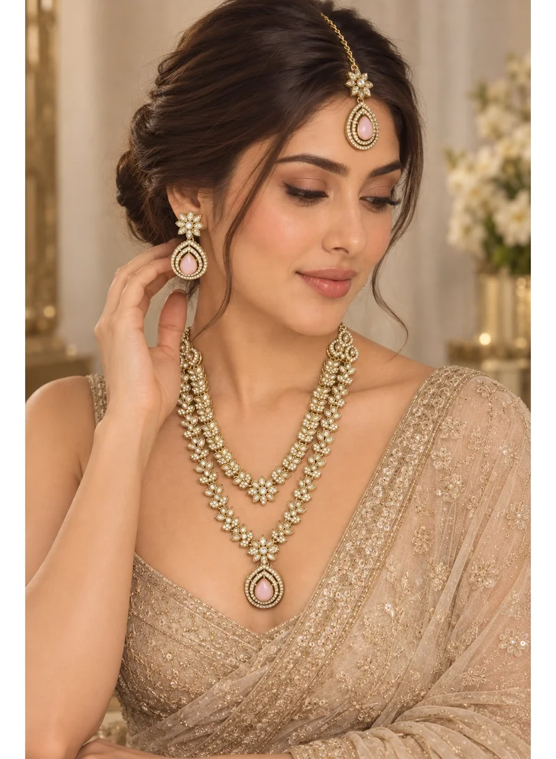 Lehar Blush Pink Kundan Double Layer Necklace Set with Earrings & Maang Tikka - Indian Bridal Jewelry