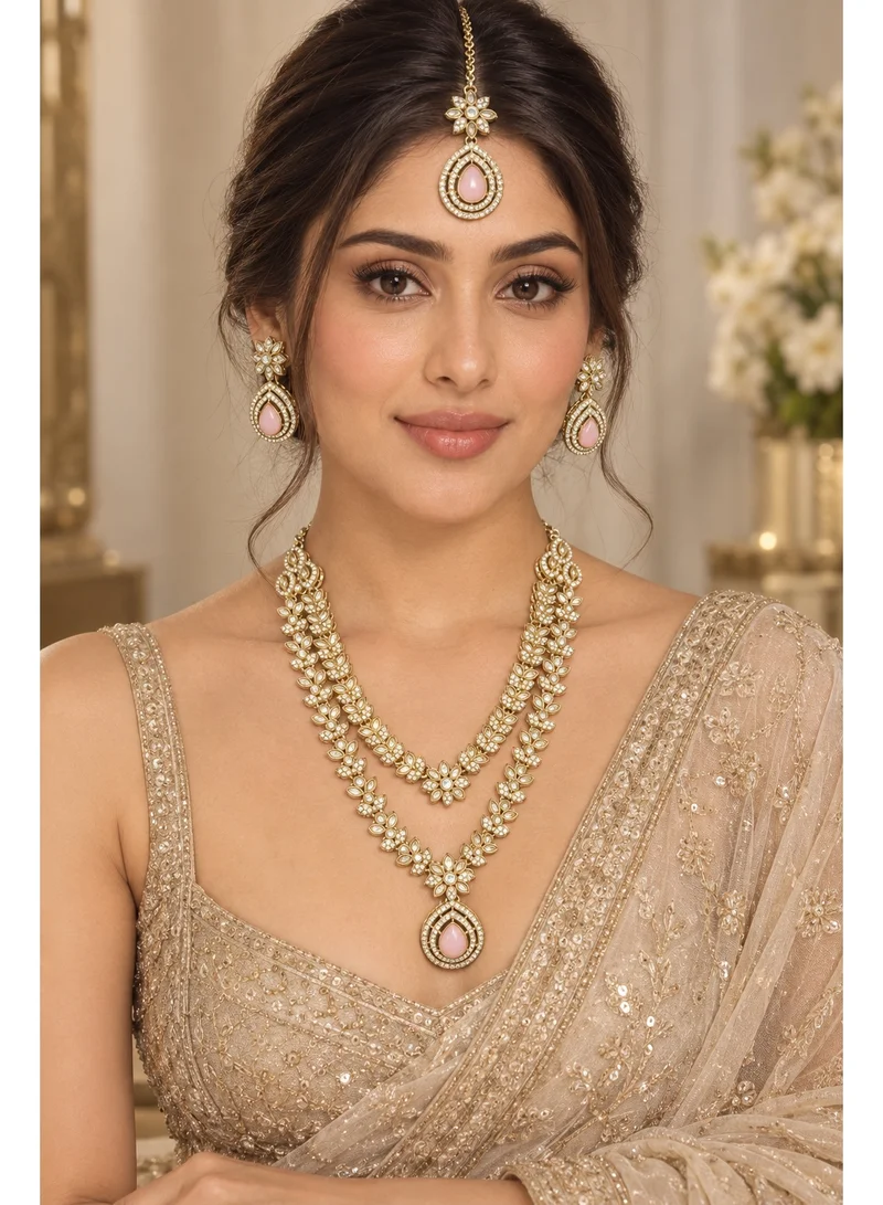 Lehar Blush Pink Kundan Double Layer Necklace Set with Earrings & Maang Tikka - Indian Bridal Jewelry