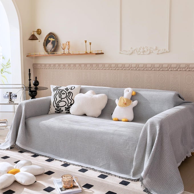 WAFFLE LARGE GREY SOFA THROW BLANKET WITH TASSELS FOR 2 3 4 SEATER 100 HANDWOVEN COTTON KNITTED SETTEES THROW FOR COUCH ARMCHAIR AND BED 230250CMLIGHT GREY