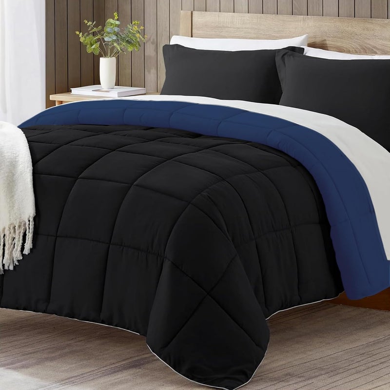 Bed Comforter with Lightweight & Soft Down Alternative | Reversible Cooling Comforter for bedding Duvet Inserts for All Seasons with Washable Microfiber Quilt (Black/Navy, 160 x 220cm) - Image 1