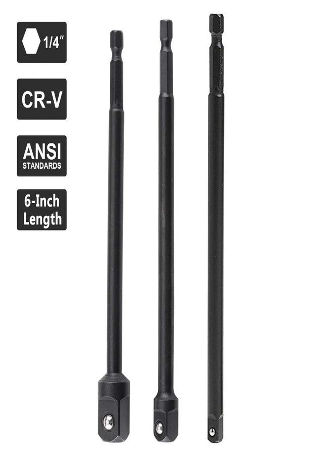 ياكاموز مجموعة محولات مقابس طويلة مقاومة للصدمات من ياكاموز، 3 قطع | مجموعة تمديد قضيب مثقاب سداسي بقطر 1/4 بوصة إلى مقبس مربع | محرك بقطر 1/4 بوصة، 3/8 بوصة، 1/2 بوصة | طول 5.9 بوصة - Image 2