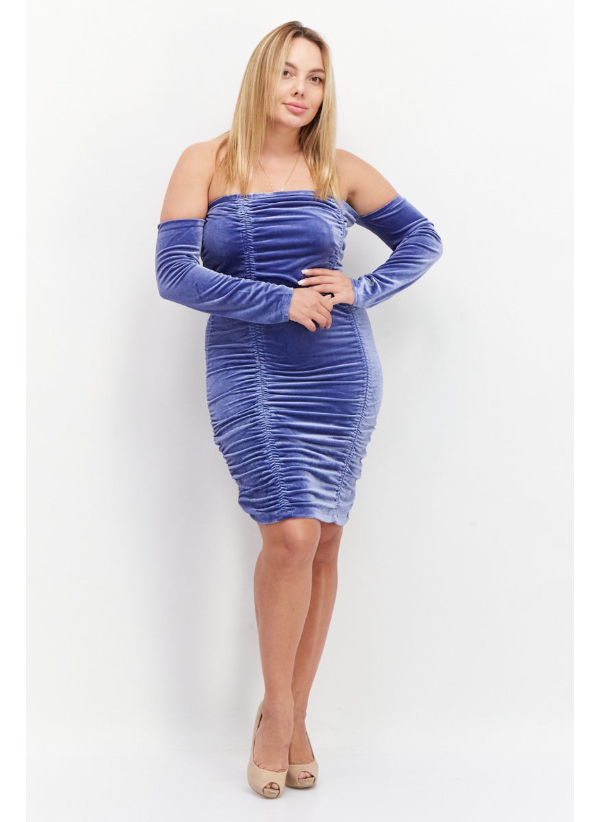 Juicy Couture Women Off Shoulder Long Sleeves Textured Mini Dress, Blue  - Image 4
