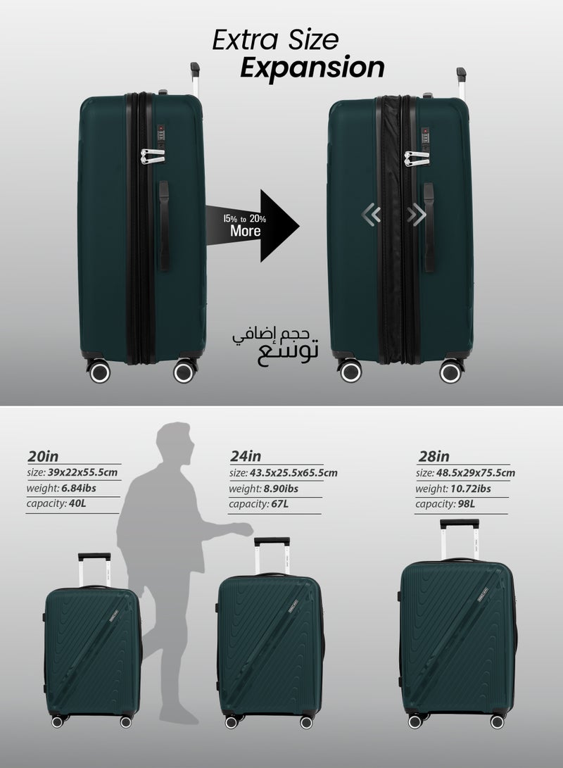 بارا جون طقم حقائب سفر صلبة من  قطع من مادة البولي بروبلين بعجلات دوارة رباعية، أخضر - Image 5