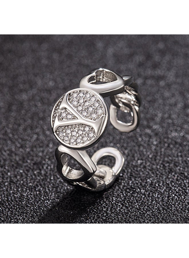 New Light Luxury Copper Inlaid Zircon 18k Real Gold Heart Smooth Letter Adjustable Ring Versatile Personality Ring
