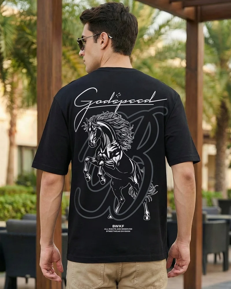 بيواكوف Men's Jet Black God Speed Graphic Printed Oversized T-shirt