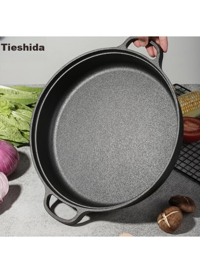 Telssida Double-handled Cast Iron Flat-bottom Pan, Thickened Iron Pan, Pancake Griddle, Non-stick Uncoated Frying Pan, Steamed Bun Pan, Traditional Pancake Griddle - Image 1