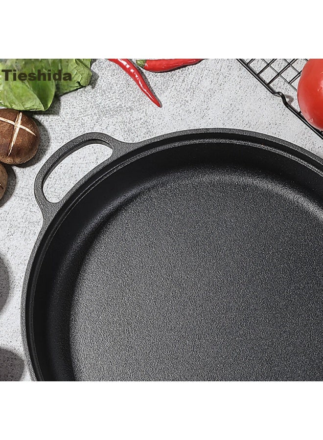 Telssida Double-handled Cast Iron Flat-bottom Pan, Thickened Iron Pan, Pancake Griddle, Non-stick Uncoated Frying Pan, Steamed Bun Pan, Traditional Pancake Griddle - Image 3