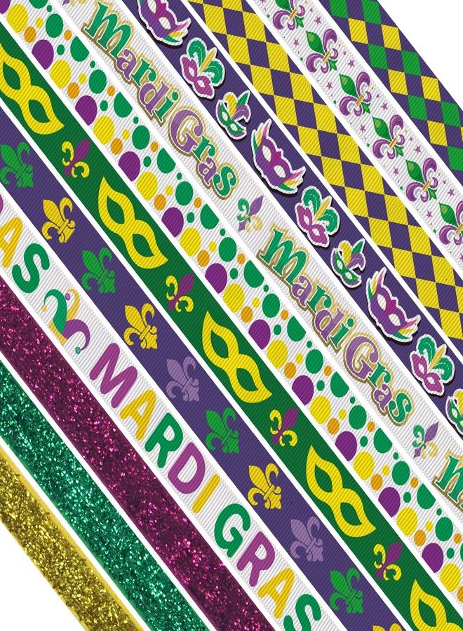 ALIBBON 12 Yards 3/8" Mardi Gras Ribbon Glitter Yellow Green Purple Ribbons for Mardi Gras Decor, Buffalo Plaid Grosgrain Ribbon for Mardi Gras Parade Carnival Gift Wrapping Bows Crafting Supplies - Image 1