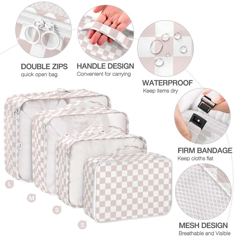Hatisan 8 Set Packing Cubes for Suitcases, Packing Cubes with Shoe, Cosmetics, Clothing, Accessories Bags for Travel Luggage Organizer Women Men(Light Pink Checkered) - Image 3