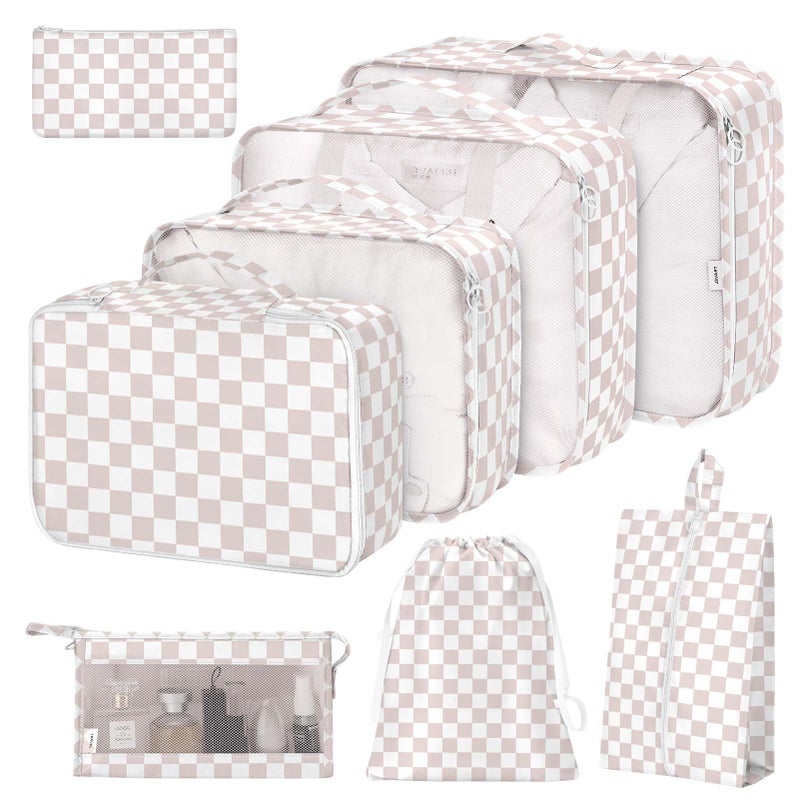 Hatisan 8 Set Packing Cubes for Suitcases, Packing Cubes with Shoe, Cosmetics, Clothing, Accessories Bags for Travel Luggage Organizer Women Men(Light Pink Checkered) - Image 1