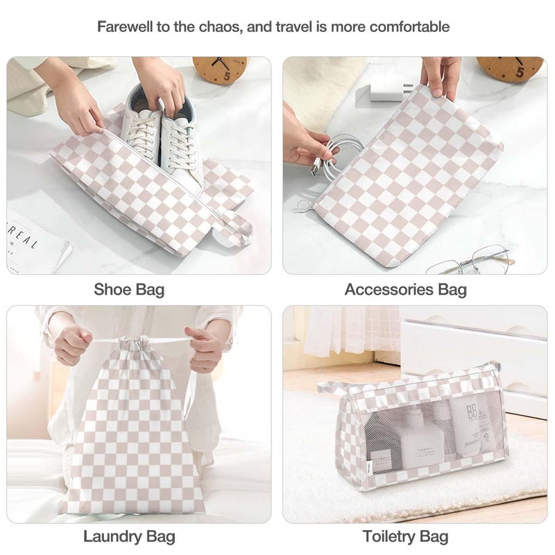 Hatisan 8 Set Packing Cubes for Suitcases, Packing Cubes with Shoe, Cosmetics, Clothing, Accessories Bags for Travel Luggage Organizer Women Men(Light Pink Checkered) - Image 5