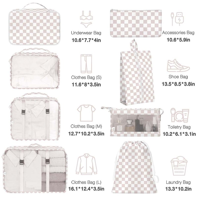 Hatisan 8 Set Packing Cubes for Suitcases, Packing Cubes with Shoe, Cosmetics, Clothing, Accessories Bags for Travel Luggage Organizer Women Men(Light Pink Checkered) - Image 2