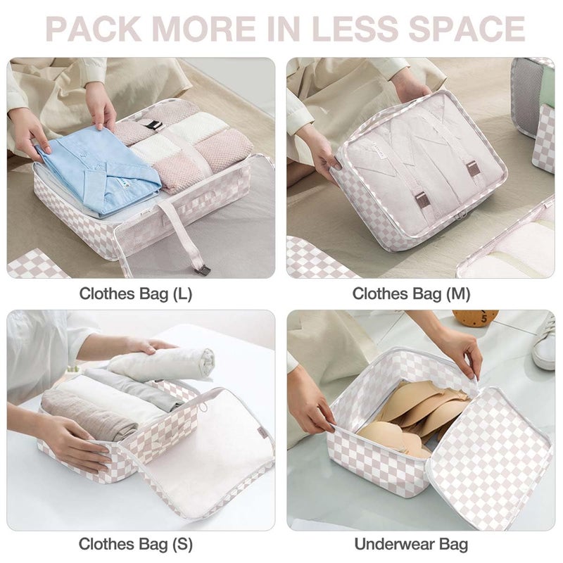 Hatisan 8 Set Packing Cubes for Suitcases, Packing Cubes with Shoe, Cosmetics, Clothing, Accessories Bags for Travel Luggage Organizer Women Men(Light Pink Checkered) - Image 4
