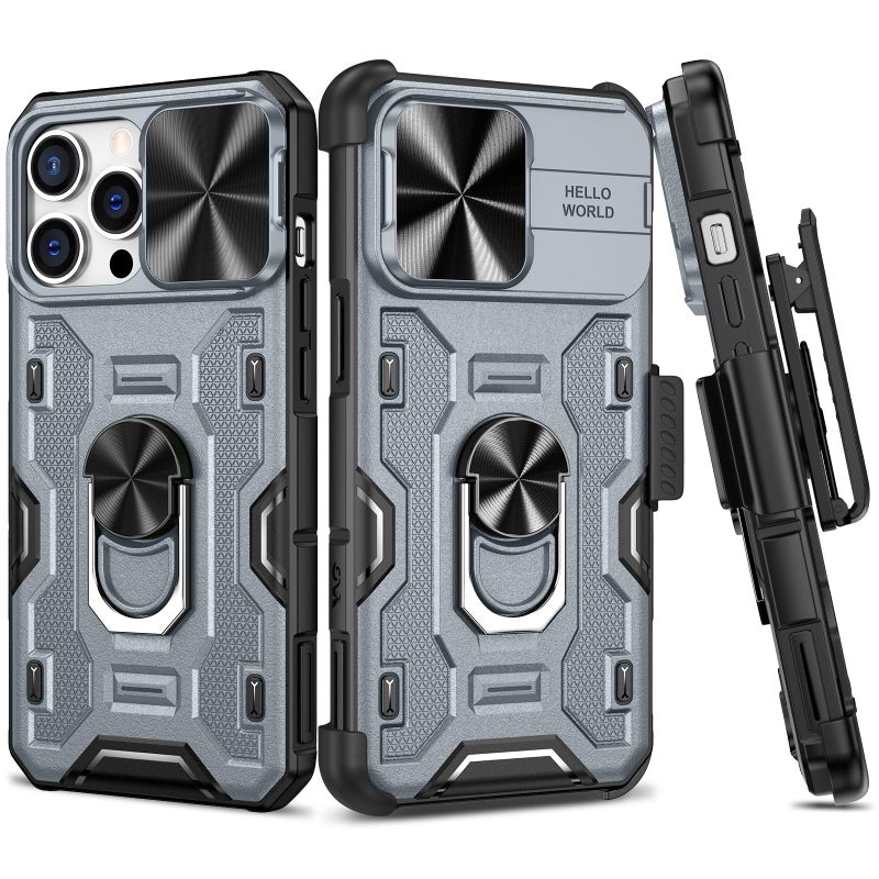 VEGO for iPhone 14 Pro Max Case, Slide Camera Cover & Belt Clip Holster & Magnetic 360Â°Ring Kickstand Military Grade Heavy Duty Protection Cover for iPhone 14 Pro Max 6.7"- Dark Grey - Image 1