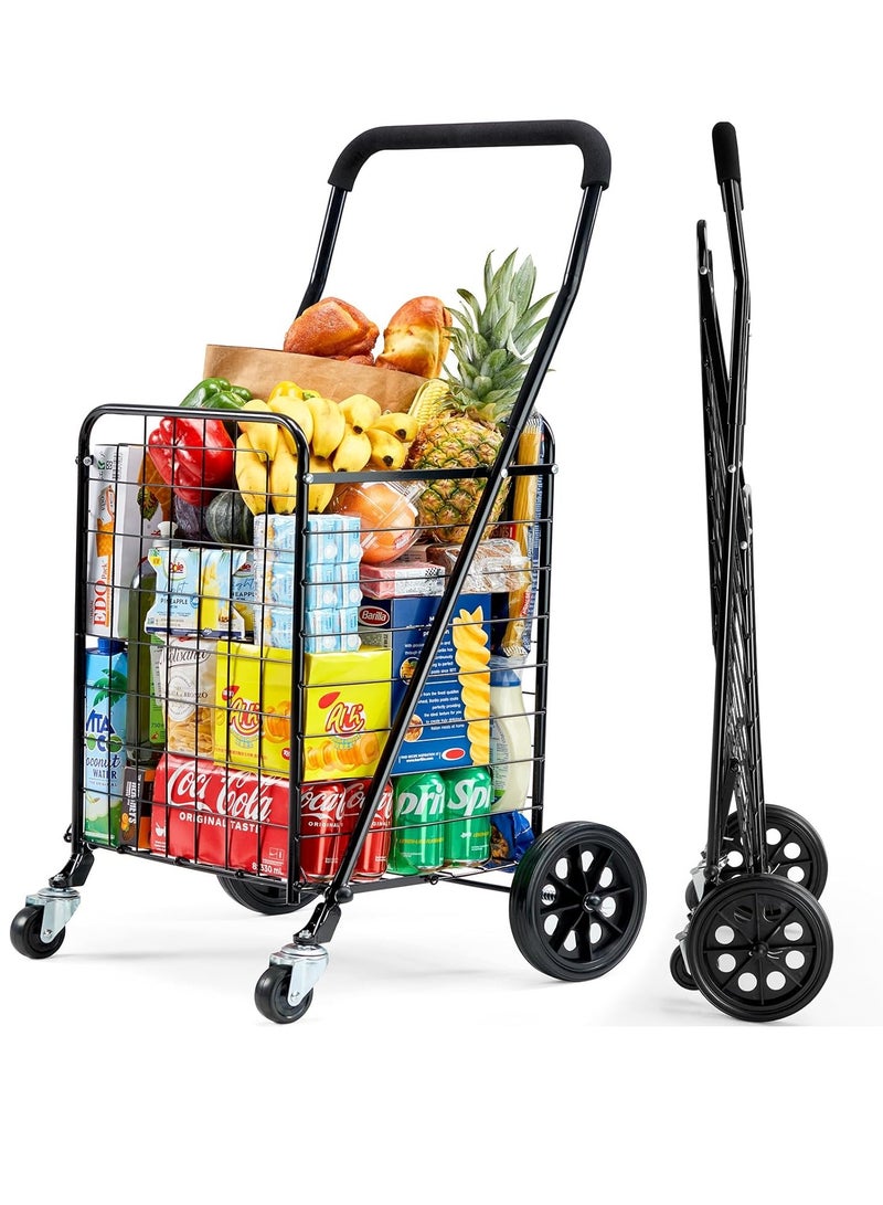 عربة تسوق بعجلات للبقالة، عربة قابلة للطي للتخزين المريح، مع عجلات دوارة 360 درجة، عربة للغسيل والبقالة والسفر (كبيرة) - Image 1