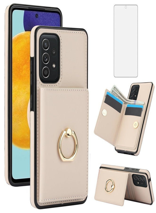 أسو ويش جراب هاتف Asuwish لهاتف سامسونج جالاكسي A52/A52S 5G، مزود بواقي شاشة من الزجاج المقوى وحامل لبطاقات RFID، وحلقة تثبيت، ومسند، وملحقات هاتفية قابلة للطي، متوافق مع هواتف A52 وS و4G وG5 و52A وS52 و52S، لون بيج، مناسب للرجال والنساء. - Image 1