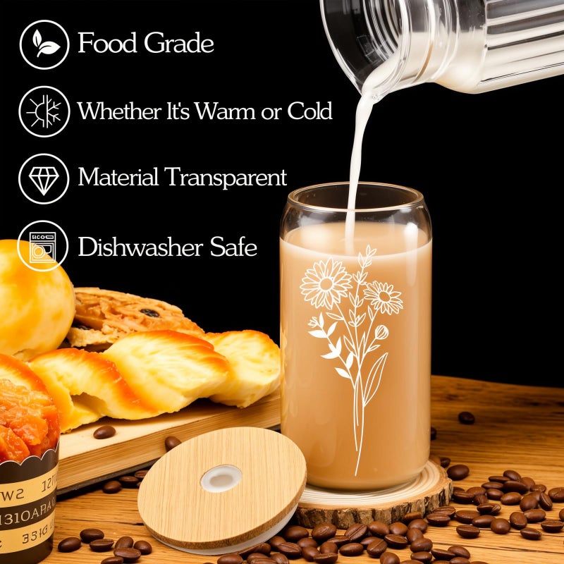 SHANDERBAR 6 Pcs 16 Oz Gift for Women Cute Glass Cup, Can Shaped Drinking Glasses with Bamboo Lids and Glass Straws with Design, Aesthetic Flower Iced Coffee Mugs Tumbler Bulk for Party Bridesmaid Proposal Gifts - Image 3