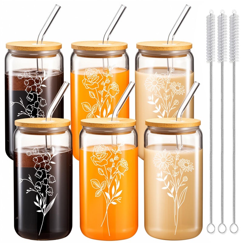 SHANDERBAR 6 Pcs 16 Oz Gift for Women Cute Glass Cup, Can Shaped Drinking Glasses with Bamboo Lids and Glass Straws with Design, Aesthetic Flower Iced Coffee Mugs Tumbler Bulk for Party Bridesmaid Proposal Gifts - Image 1