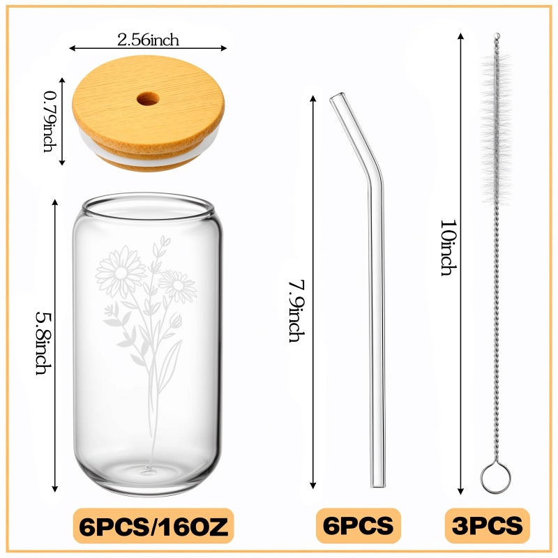 SHANDERBAR 6 Pcs 16 Oz Gift for Women Cute Glass Cup, Can Shaped Drinking Glasses with Bamboo Lids and Glass Straws with Design, Aesthetic Flower Iced Coffee Mugs Tumbler Bulk for Party Bridesmaid Proposal Gifts - Image 2