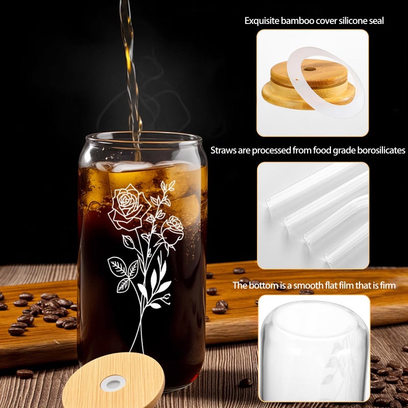SHANDERBAR 6 Pcs 16 Oz Gift for Women Cute Glass Cup, Can Shaped Drinking Glasses with Bamboo Lids and Glass Straws with Design, Aesthetic Flower Iced Coffee Mugs Tumbler Bulk for Party Bridesmaid Proposal Gifts - Image 4