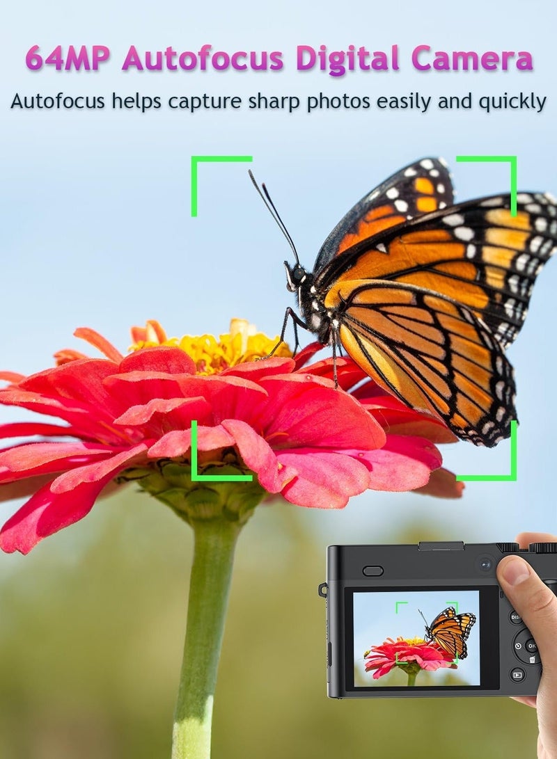أواسيس لينك كاميرا رقمية 4K، كاميرتين أمامية وخلفية بدقة 64 ميجابكسل، ضبط تلقائي للصورة، كاميرا فيديو، مع تثبيت الصورة والفلاش، تقريب رقمي 16x، بطاقة ذاكرة 32 جيجابايت، تقريب تليفوتوغرافي 16x، مناسبة لعشاق التصوير الفوتوغرافي (أسود). - Image 5