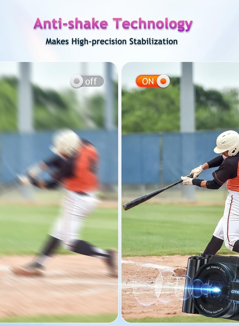 أواسيس لينك كاميرا رقمية 4K، كاميرتين أمامية وخلفية بدقة 64 ميجابكسل، ضبط تلقائي للصورة، كاميرا فيديو، مع تثبيت الصورة والفلاش، تقريب رقمي 16x، بطاقة ذاكرة 32 جيجابايت، تقريب تليفوتوغرافي 16x، مناسبة لعشاق التصوير الفوتوغرافي (أسود). - Image 3