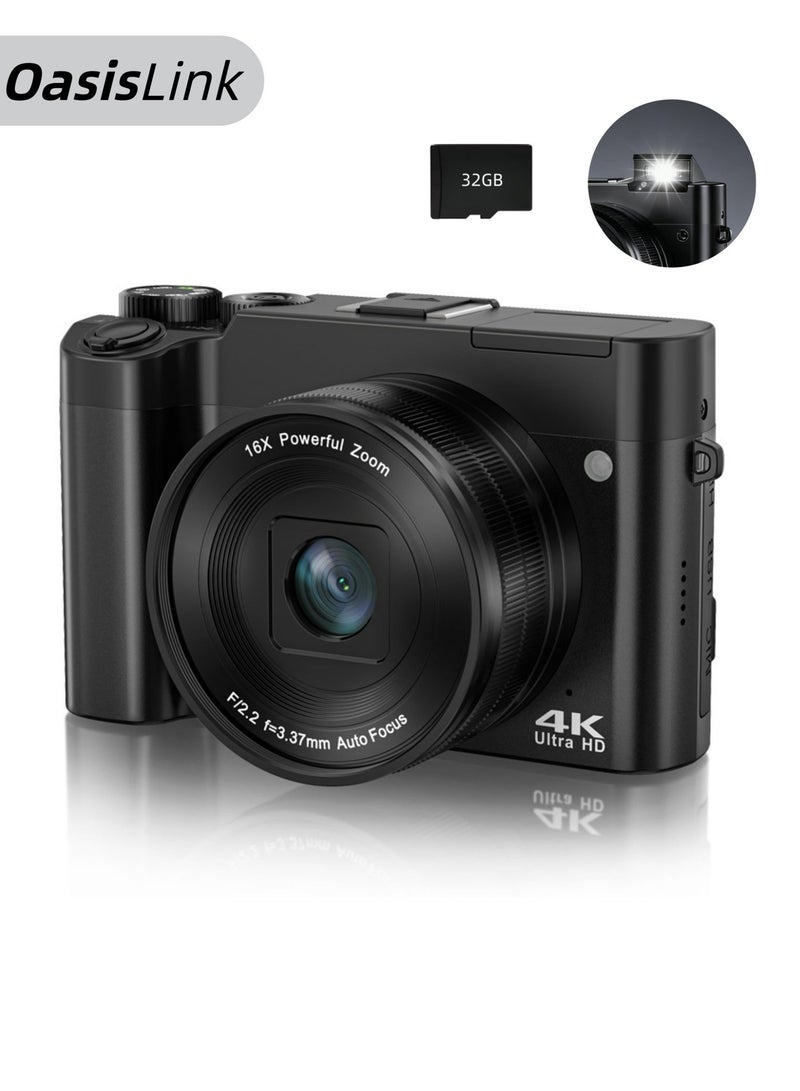 أواسيس لينك كاميرا رقمية 4K، كاميرتين أمامية وخلفية بدقة 64 ميجابكسل، ضبط تلقائي للصورة، كاميرا فيديو، مع تثبيت الصورة والفلاش، تقريب رقمي 16x، بطاقة ذاكرة 32 جيجابايت، تقريب تليفوتوغرافي 16x، مناسبة لعشاق التصوير الفوتوغرافي (أسود). - Image 1