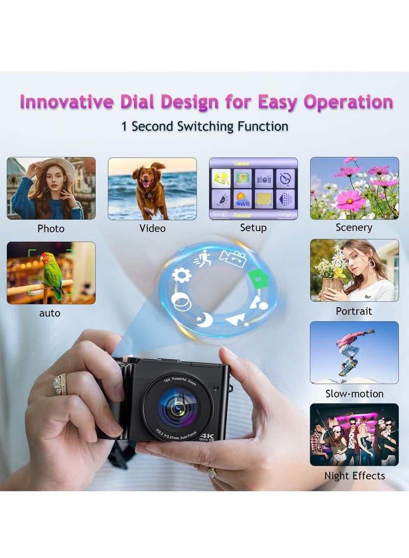 أواسيس لينك كاميرا رقمية 4K، كاميرتين أمامية وخلفية بدقة 64 ميجابكسل، ضبط تلقائي للصورة، كاميرا فيديو، مع تثبيت الصورة والفلاش، تقريب رقمي 16x، بطاقة ذاكرة 32 جيجابايت، تقريب تليفوتوغرافي 16x، مناسبة لعشاق التصوير الفوتوغرافي (أسود). - Image 2