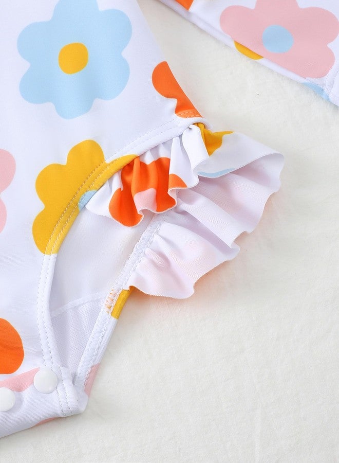 Renotemy Baby Girls Swimsuit 6-9 Months Long Sleeve Bathing Suit 9-12 Months Swimsuit Girls Infant One-Piece Swimwear Rash Guard Swimsuits with Hat White Floral Ruffle Swim Suits Baby Beach Essentials - Image 4
