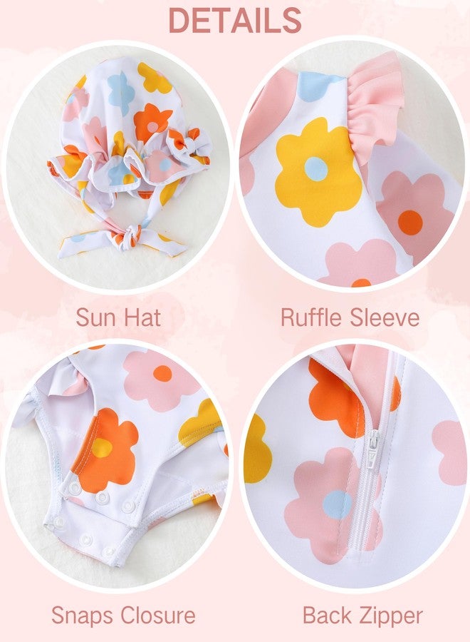 Renotemy Baby Girls Swimsuit 6-9 Months Long Sleeve Bathing Suit 9-12 Months Swimsuit Girls Infant One-Piece Swimwear Rash Guard Swimsuits with Hat White Floral Ruffle Swim Suits Baby Beach Essentials - Image 5