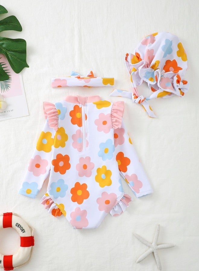 Renotemy Baby Girls Swimsuit 6-9 Months Long Sleeve Bathing Suit 9-12 Months Swimsuit Girls Infant One-Piece Swimwear Rash Guard Swimsuits with Hat White Floral Ruffle Swim Suits Baby Beach Essentials - Image 3