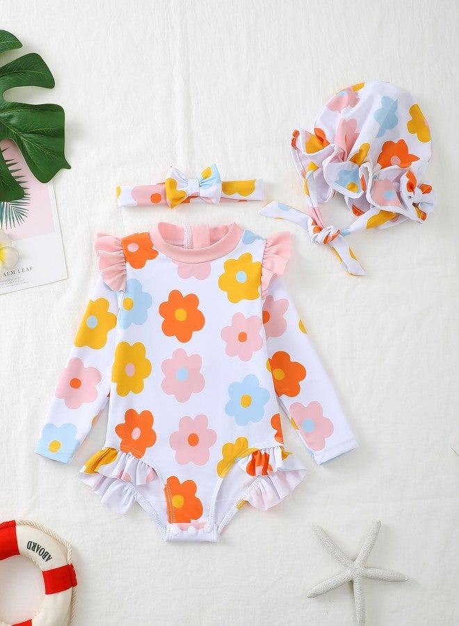 Renotemy Baby Girls Swimsuit 6-9 Months Long Sleeve Bathing Suit 9-12 Months Swimsuit Girls Infant One-Piece Swimwear Rash Guard Swimsuits with Hat White Floral Ruffle Swim Suits Baby Beach Essentials - Image 2