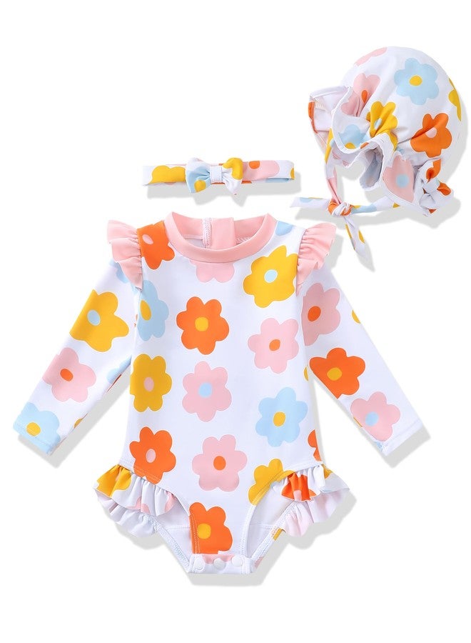 Renotemy Baby Girls Swimsuit 6-9 Months Long Sleeve Bathing Suit 9-12 Months Swimsuit Girls Infant One-Piece Swimwear Rash Guard Swimsuits with Hat White Floral Ruffle Swim Suits Baby Beach Essentials - Image 1