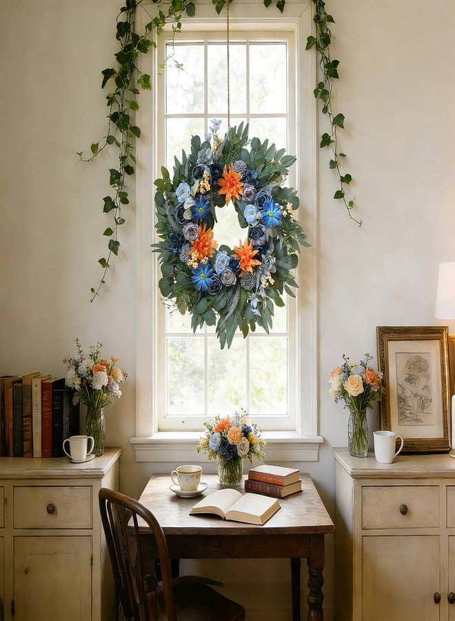egolot 22" Blue Wreath for Front Door - Spring Summer Everyday Floral Wreath with Peony, Dahlia, Daisy & Roses, Artificial Flower Wreath with Eucalyptus for Indoor Outdoor Home Decor, Year Round Wreath - Image 3