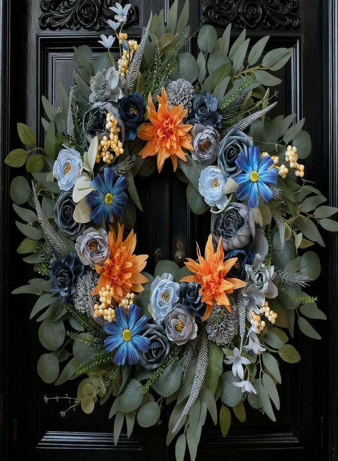 egolot 22" Blue Wreath for Front Door - Spring Summer Everyday Floral Wreath with Peony, Dahlia, Daisy & Roses, Artificial Flower Wreath with Eucalyptus for Indoor Outdoor Home Decor, Year Round Wreath - Image 1