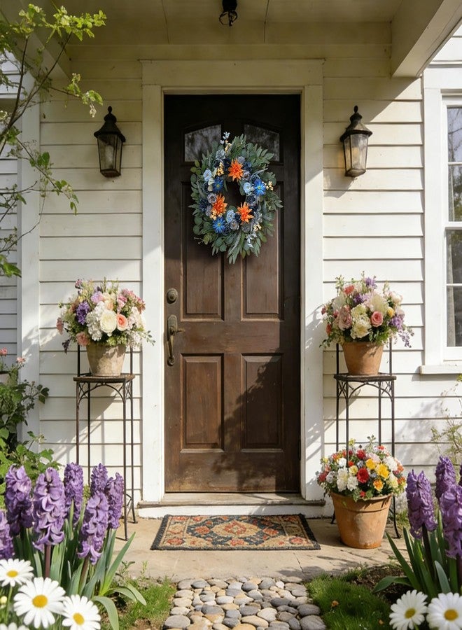 egolot 22" Blue Wreath for Front Door - Spring Summer Everyday Floral Wreath with Peony, Dahlia, Daisy & Roses, Artificial Flower Wreath with Eucalyptus for Indoor Outdoor Home Decor, Year Round Wreath - Image 4