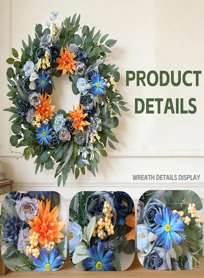 egolot 22" Blue Wreath for Front Door - Spring Summer Everyday Floral Wreath with Peony, Dahlia, Daisy & Roses, Artificial Flower Wreath with Eucalyptus for Indoor Outdoor Home Decor, Year Round Wreath - Image 2