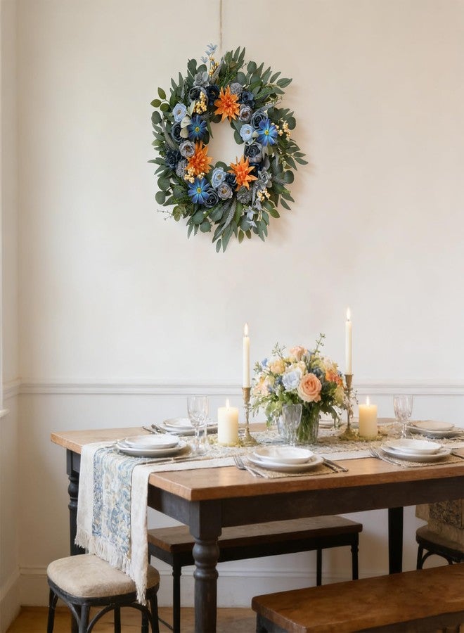 egolot 22" Blue Wreath for Front Door - Spring Summer Everyday Floral Wreath with Peony, Dahlia, Daisy & Roses, Artificial Flower Wreath with Eucalyptus for Indoor Outdoor Home Decor, Year Round Wreath - Image 5