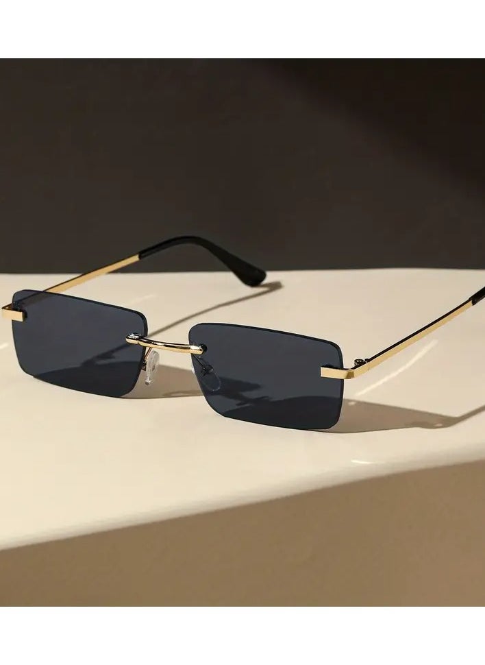 Retro - Frameless Rectangular Fashion Glasses - Gradient Lenses, Metal Frames for Driving & Beach Trips, Stylish Outdoor Glasses - Image 1