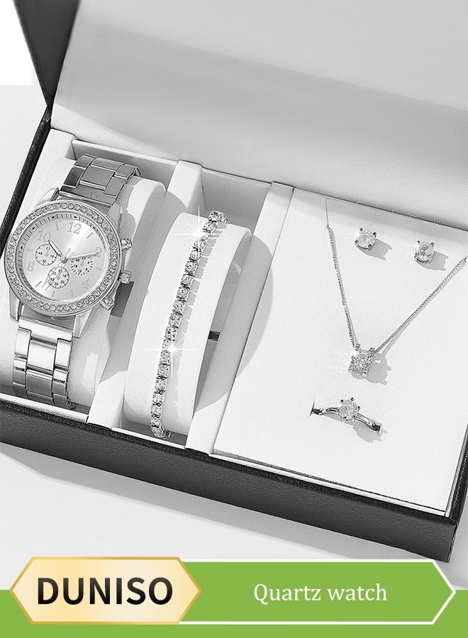 5 Pcs Rhinestone Watch Set,Ladies' Alloy Strap Quartz Watch,Women's Luxurious Bling Diamond Crystal Decorated Watch with Earrings, Bracelet, Necklace, Ring,Fashionable and Elegant, Suitable for a Gift for Women,Silver