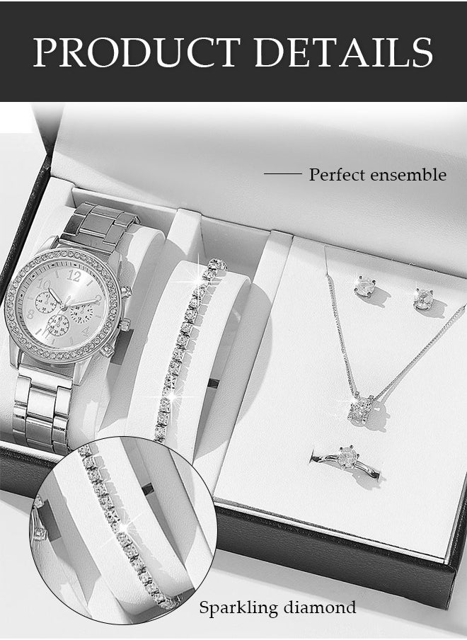 DUNISO 5 Pieces of Rhinestone Watch Set, Alloy Strap Luxury Fashion Watch Bracelet Set, Quartz Crystal Watch, Ring Necklace, Earring Bracelet, Diamond Decorative Design, Silver ﻿  - Image 4