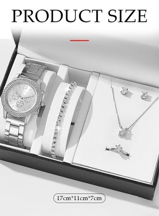 5 Pcs Rhinestone Watch Set，Ladies' Alloy Strap Quartz Watch,Women's Luxurious Bling Diamond Crystal Decorated Watch with Earrings, Bracelet, Necklace, Ring,Fashionable and Elegant, Suitable for a Gift for Women,Silver - view 2