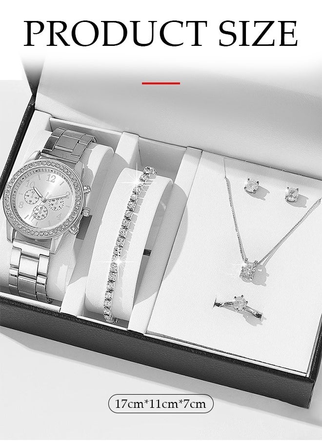 DUNISO 5 Pieces of Rhinestone Watch Set, Alloy Strap Luxury Fashion Watch Bracelet Set, Quartz Crystal Watch, Ring Necklace, Earring Bracelet, Diamond Decorative Design, Silver ﻿  - Image 2